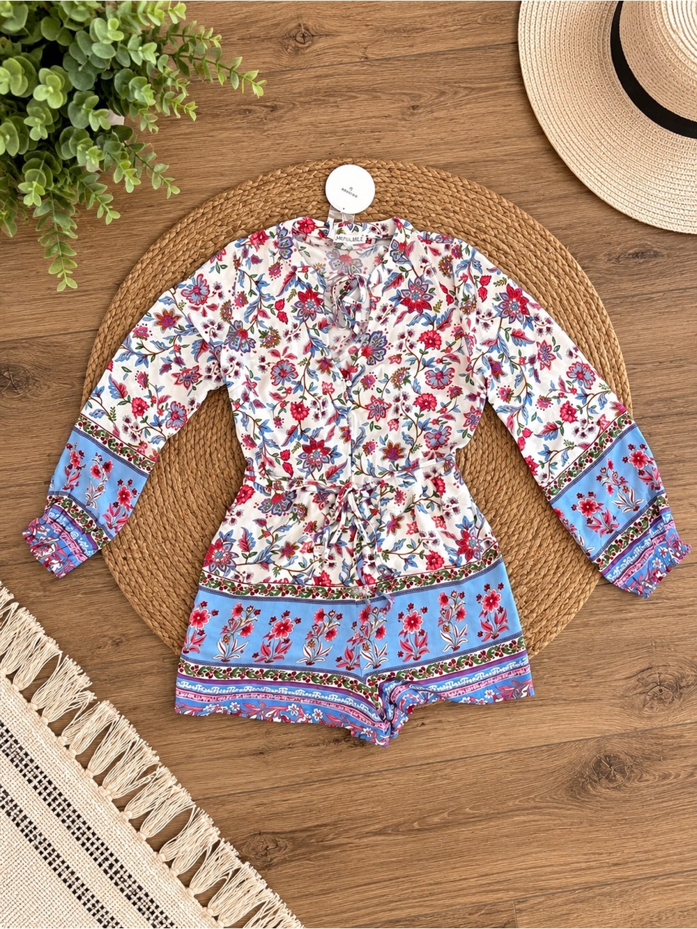 Boho Floral Blue & White Girls' Long-Sleeve Romper